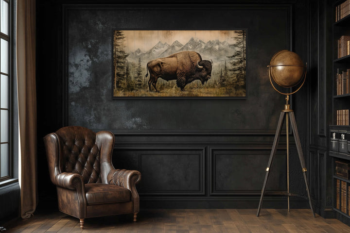 American Bison Painting - Framed Canvas Art | Rustic Wood Panel Wall Decor