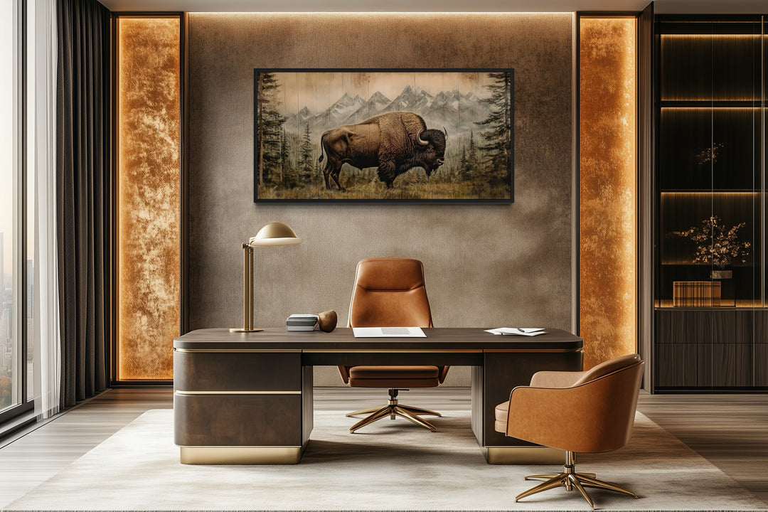American Bison Painting - Framed Canvas Art | Rustic Wood Panel Wall Decor