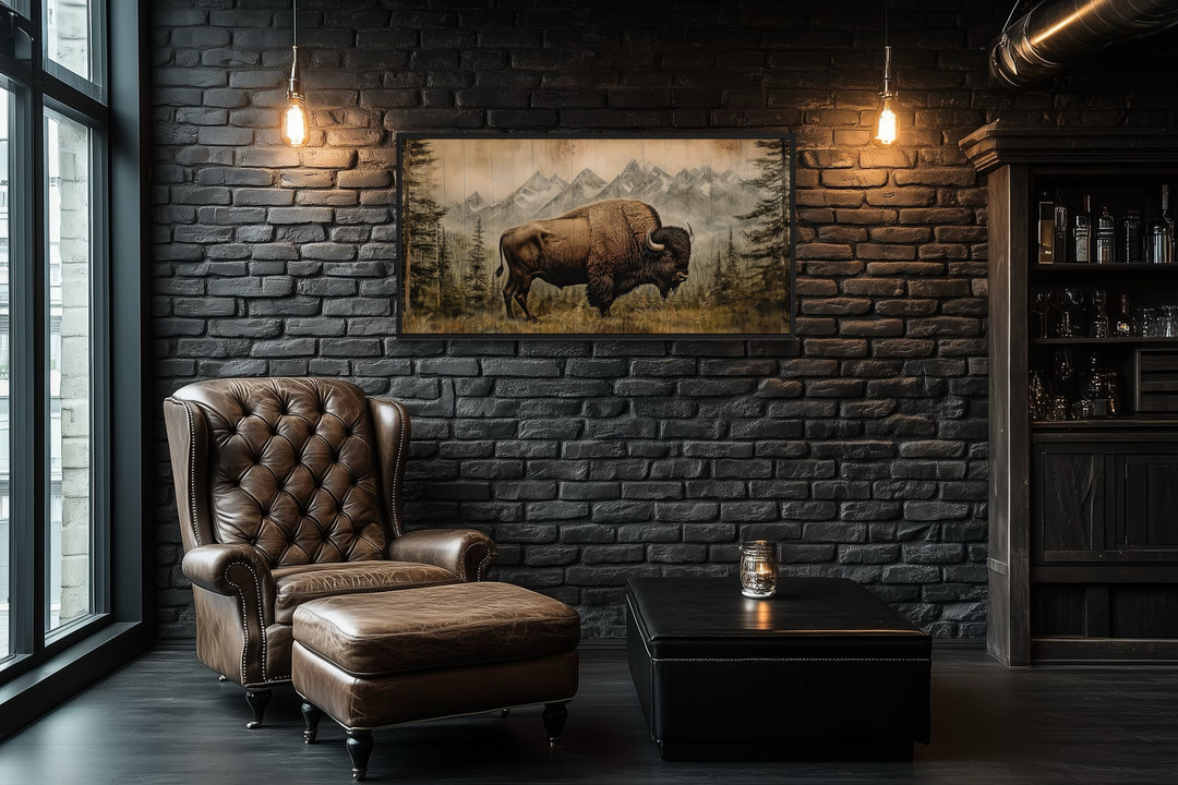 American Bison Painting - Framed Canvas Art | Rustic Wood Panel Wall Decor
