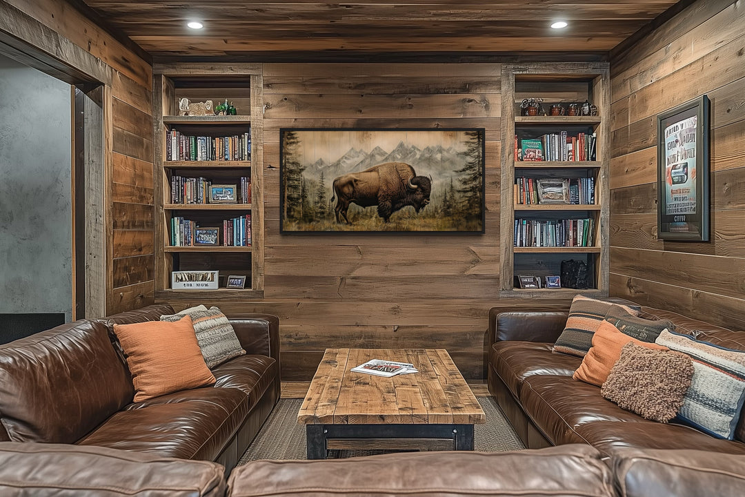 American Bison Painting - Framed Canvas Art | Rustic Wood Panel Wall Decor