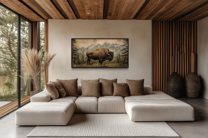 American Bison Painting - Framed Canvas Art | Rustic Wood Panel Wall Decor