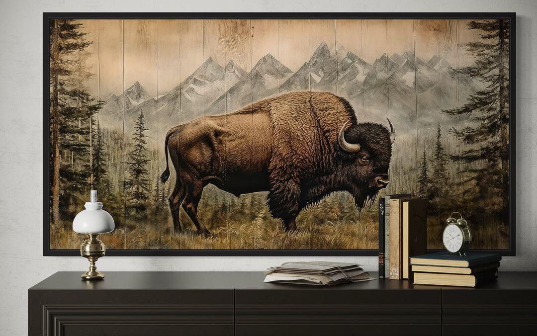 American Bison Painting - Framed Canvas Art | Rustic Wood Panel Wall Decor