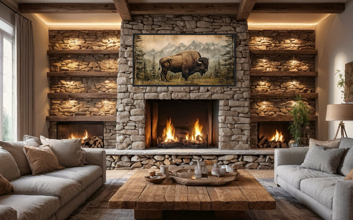 American Bison Painting - Framed Canvas Art | Rustic Wood Panel Wall Decor