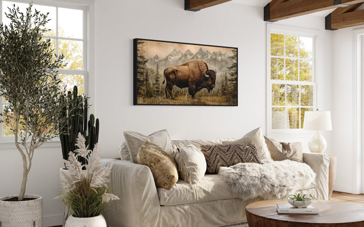 American Bison Painting Wood Panel Effect Framed Canvas Wall Art