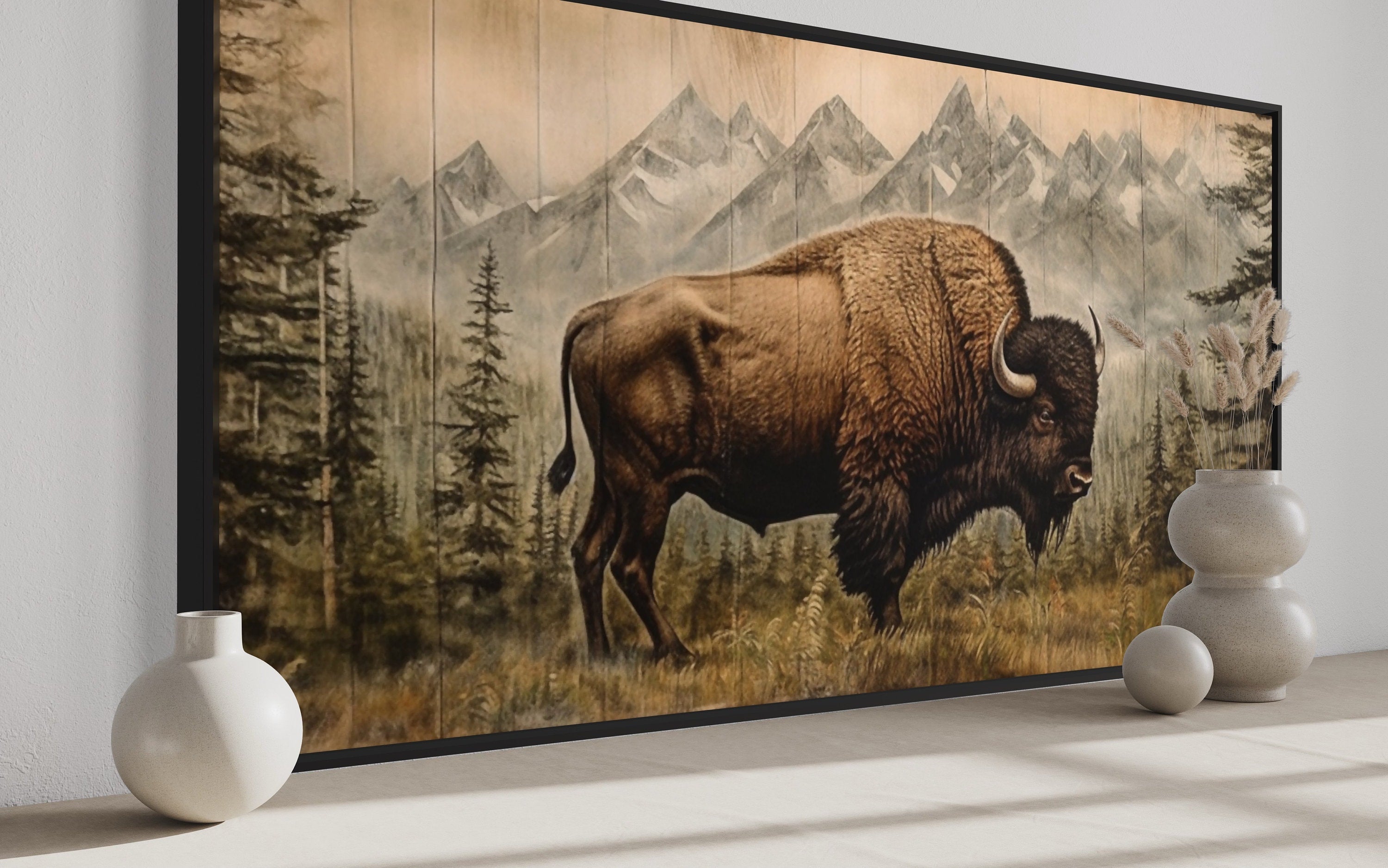 Bison print, modern white bison 2024 canvas print. White buffalo photo available with rustic barn wood or modern black frame