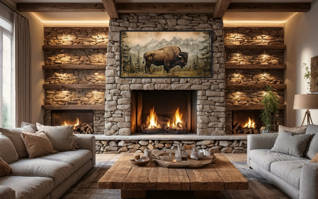 American Bison Painting Wood Panel Effect Framed Canvas Wall Art