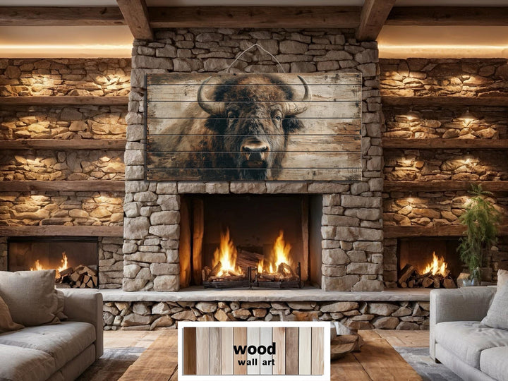 Large horizontal wood wall art featuring a detailed American bison portrait above a stone fireplace.
