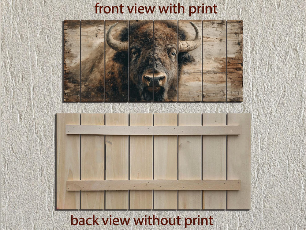 American bison portrait printed on horizontal wooden planks for rustic western wall decor.