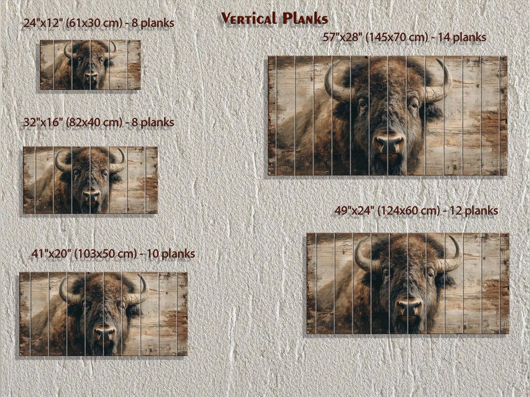 Horizontal wood wall art featuring an American bison portrait in five different plank sizes.