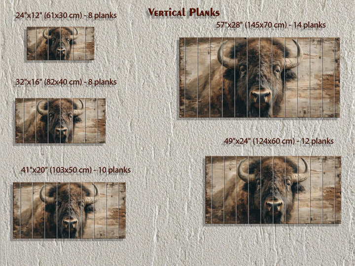Horizontal wood wall art featuring an American bison portrait in five different plank sizes.