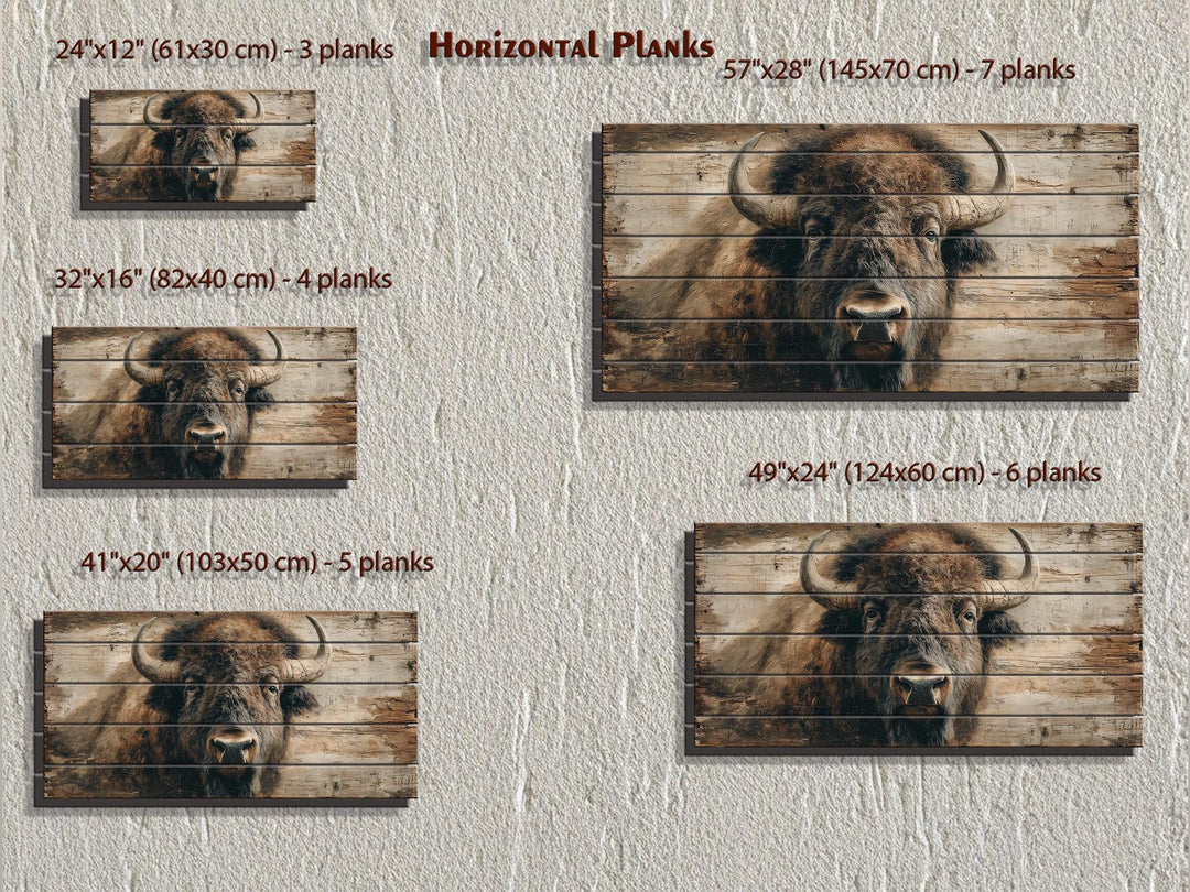 Rustic American bison portrait printed on horizontal wood planks in five different size options.
