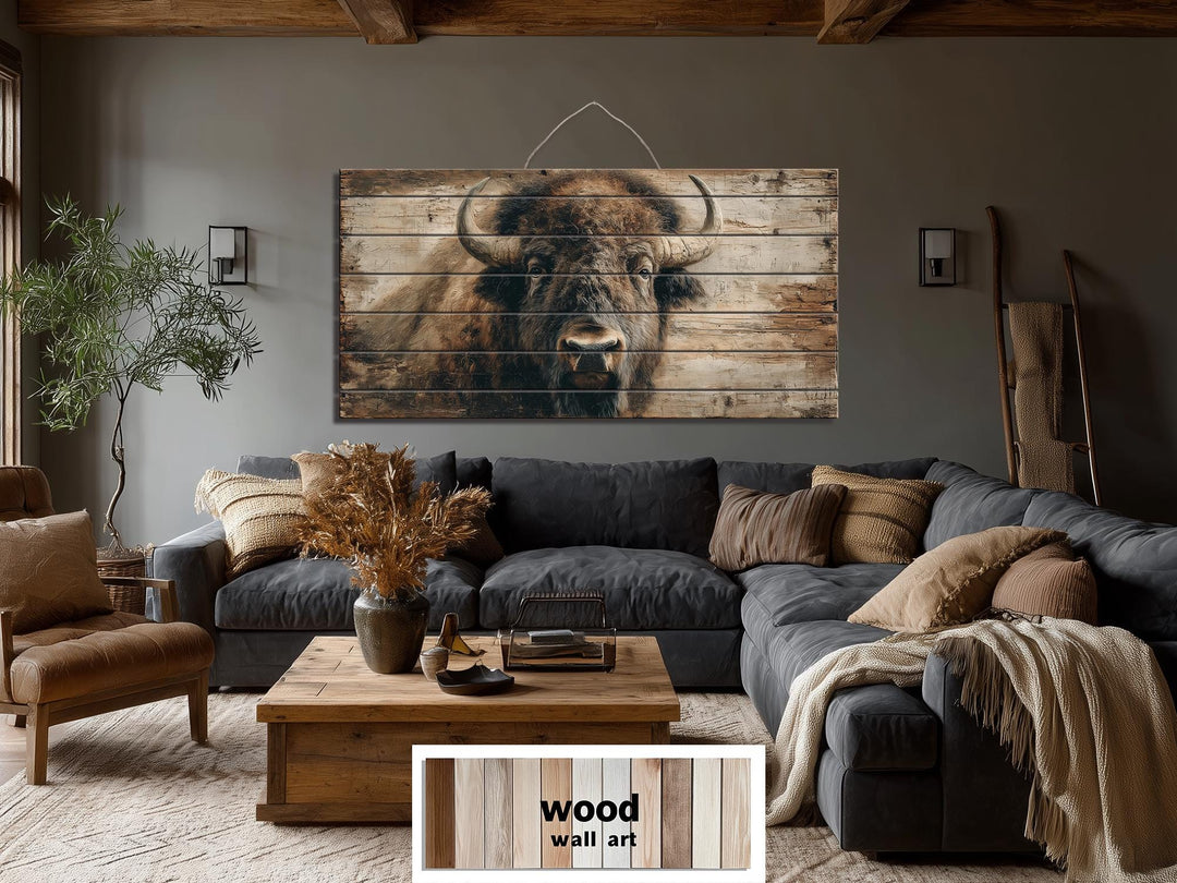 Large horizontal wood wall art featuring a detailed American bison portrait in a rustic living room.