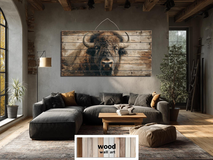 Large horizontal wood wall art featuring a detailed American bison portrait on rustic planks.
