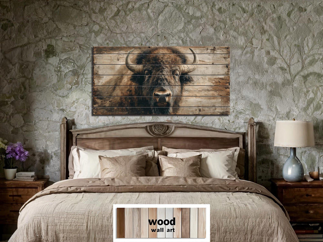 Large horizontal wood wall art featuring a detailed American bison portrait over a rustic bed.