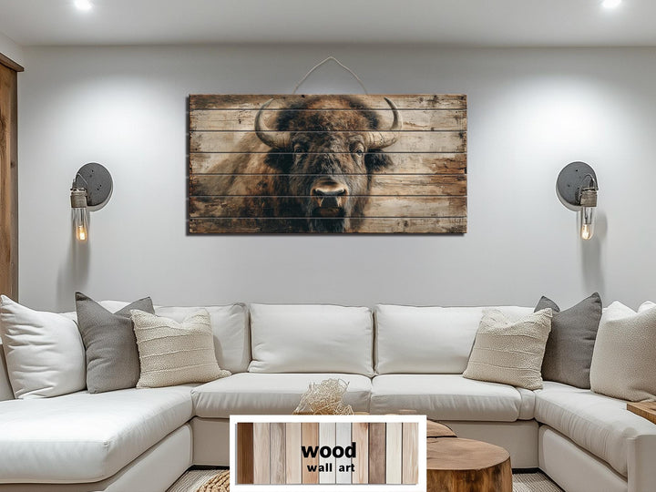 Large horizontal wood wall art featuring a detailed American bison portrait above a white sofa.