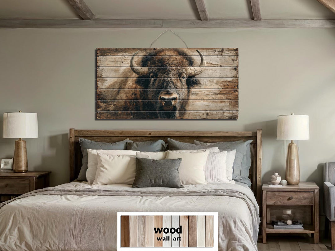 Large horizontal wood wall art featuring a detailed American bison portrait for rustic home decor.