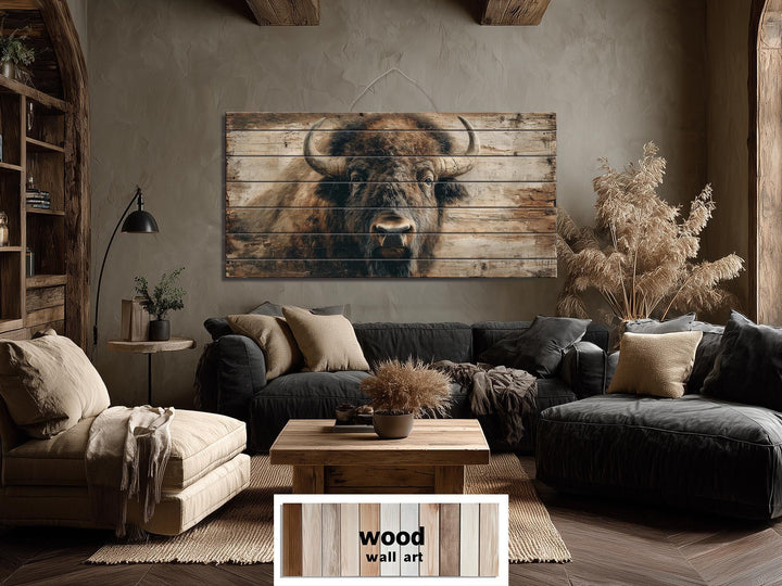 Large horizontal wood wall art featuring a detailed American bison portrait in a rustic living room.