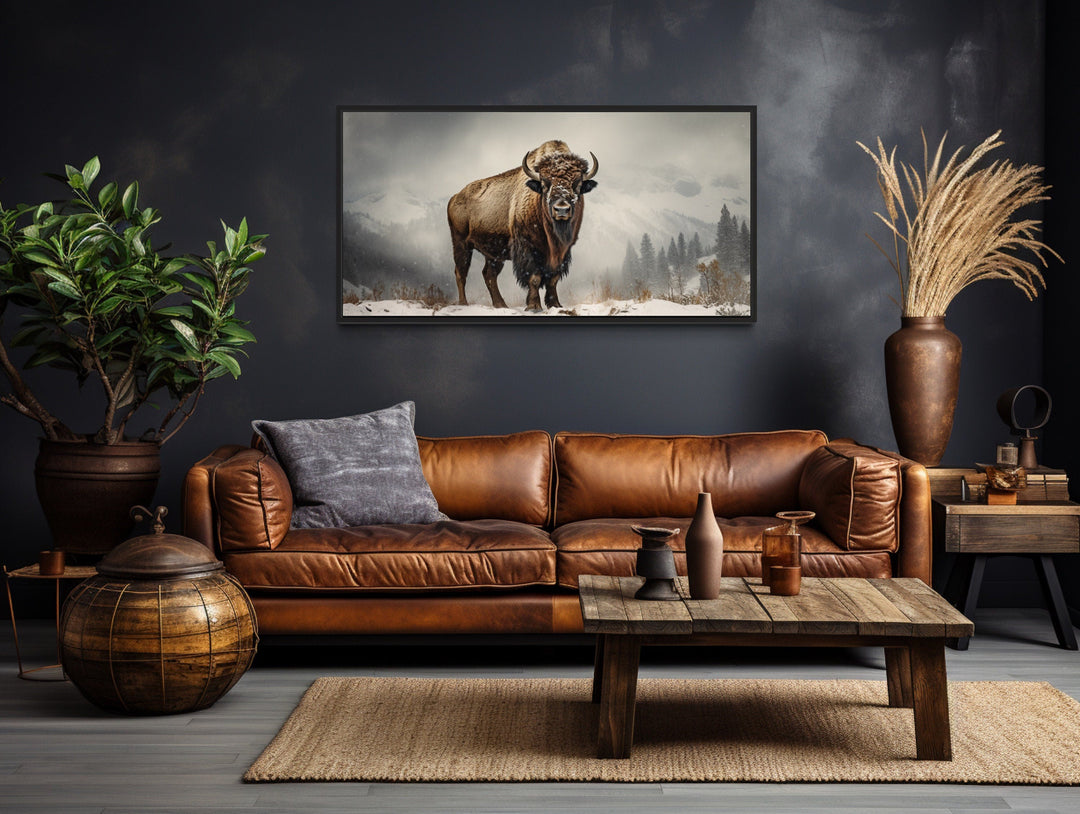 American Bison Wall Art – Framed Canvas Print | Rustic Man Cave Wildlife Decor