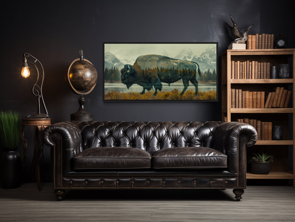 American Bison and Yellowstone Double Exposure Framed Canvas Wall Art