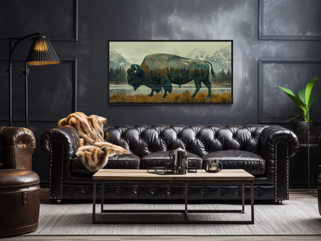 American Bison and Yellowstone Double Exposure Framed Canvas Wall Art