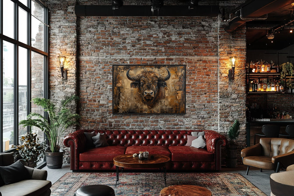 American Buffalo Head Abstract Painting Framed Canvas Wall Art in living room with brick wall