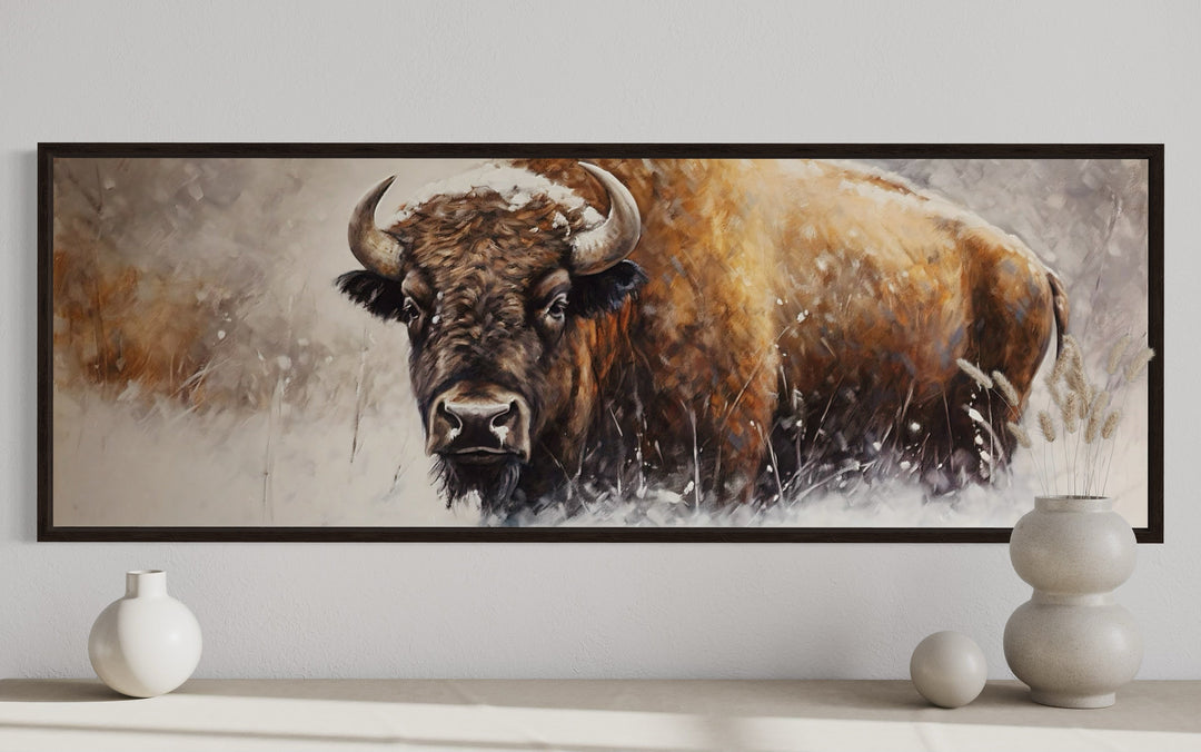 American Buffalo long horizontal framed canvas wall art featuring a bison in a snowy landscape.
