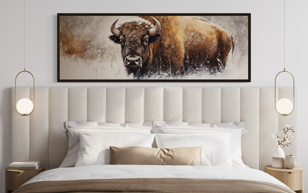 American Buffalo long horizontal framed canvas wall art hanging above a bed in a modern bedroom.