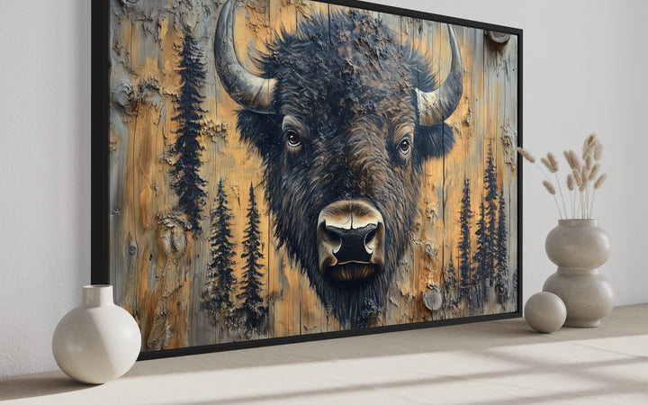 American Buffalo Portrait On Wood Rustic Framed Canvas Wall Art For Cabin Decor