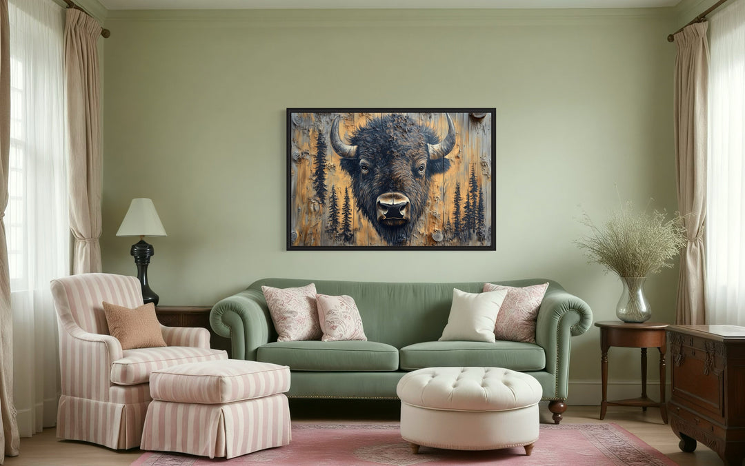 American Buffalo Portrait On Wood Rustic Framed Canvas Wall Art For Cabin Decor