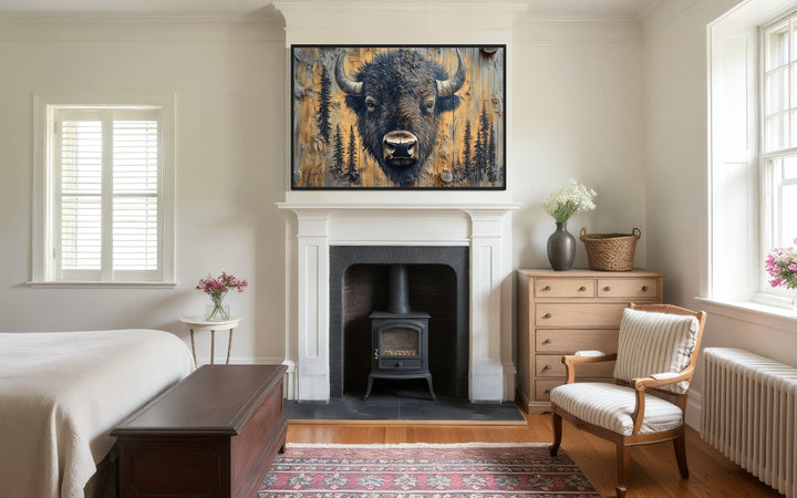 American Buffalo Portrait On Wood Rustic Framed Canvas Wall Art For Cabin Decor