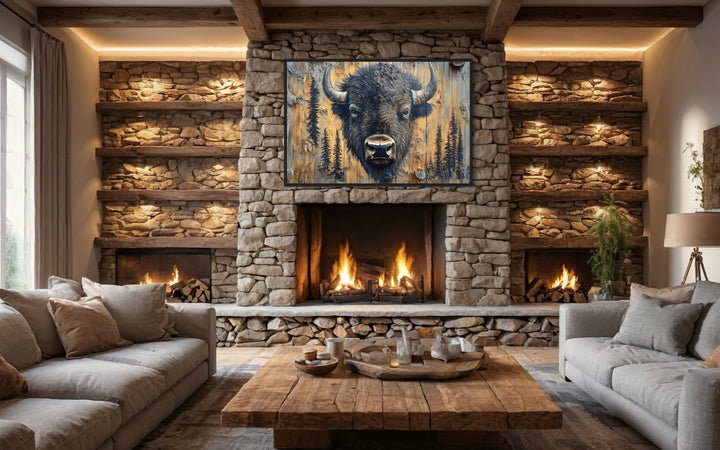 American Buffalo Portrait On Wood Rustic Framed Canvas Wall Art For Cabin Decor