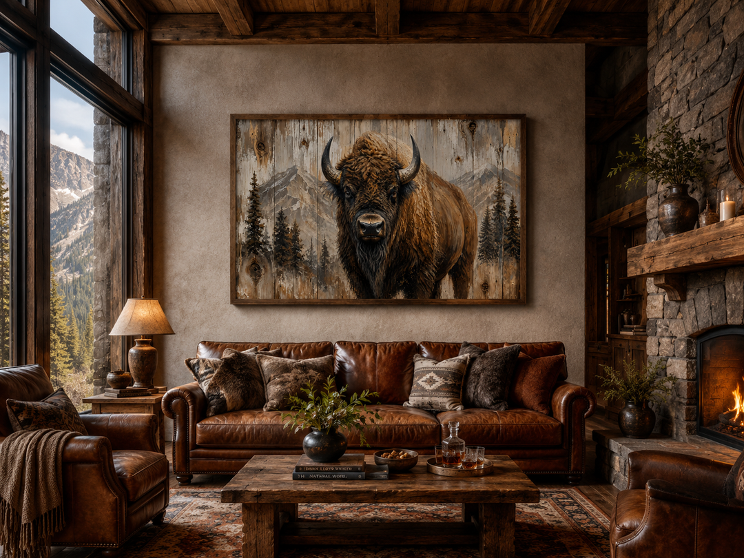 Rustic framed wood wall art featuring a detailed American buffalo portrait for cabin decor.