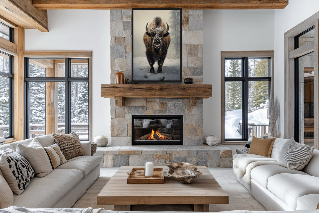 Wall Art For Men - American Buffalo in Snow Framed Canvas Wall Art