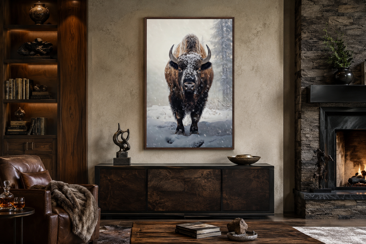 American Buffalo in Snow Framed Canvas Wall Art hanging in a rustic living room above a sideboard.
