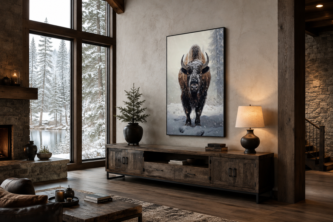 American Buffalo in Snow Framed Canvas Wall Art hanging above a rustic wooden media console.