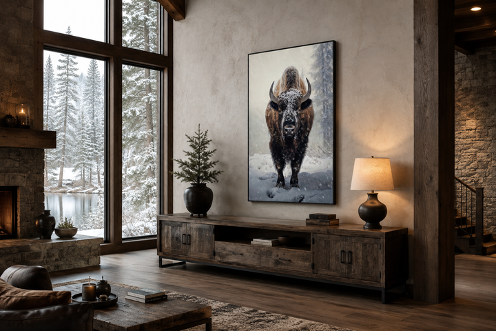 American Buffalo in Snow Framed Canvas Wall Art hanging above a rustic wooden media console.