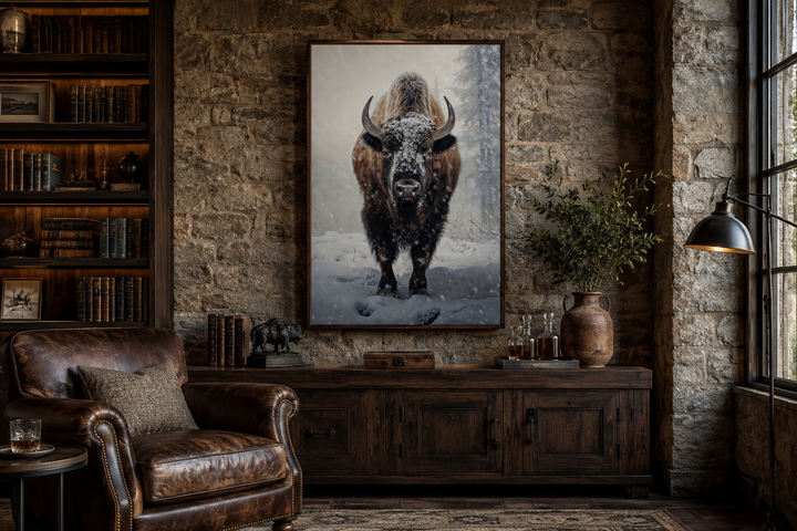 American Buffalo in Snow framed canvas wall art hanging in a rustic room with a leather armchair.