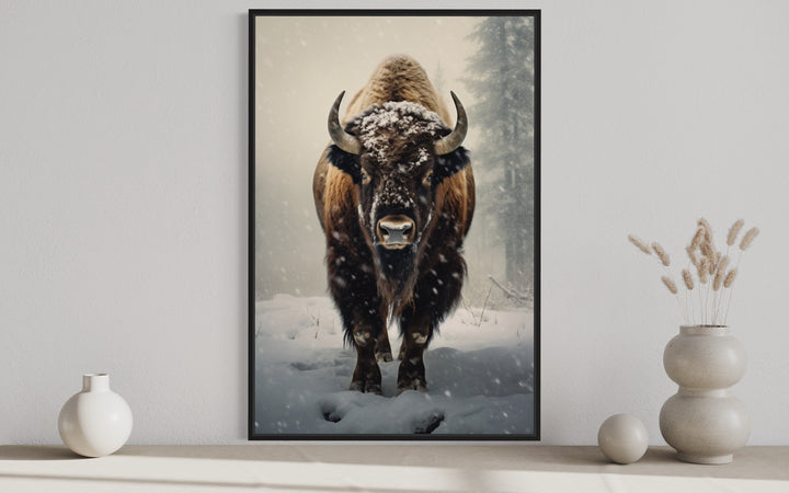 American Buffalo in Snow Framed Canvas Wall Art