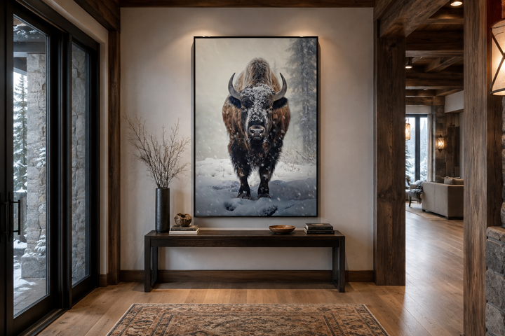 American Buffalo in Snow Framed Canvas Wall Art hanging above a console table in a rustic entryway.