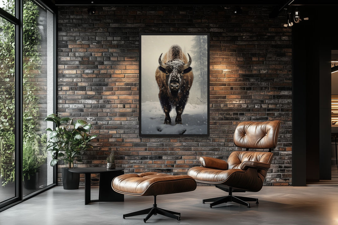 American Buffalo in Snow Framed Canvas Wall Art hanging on a brick wall in a modern living room.