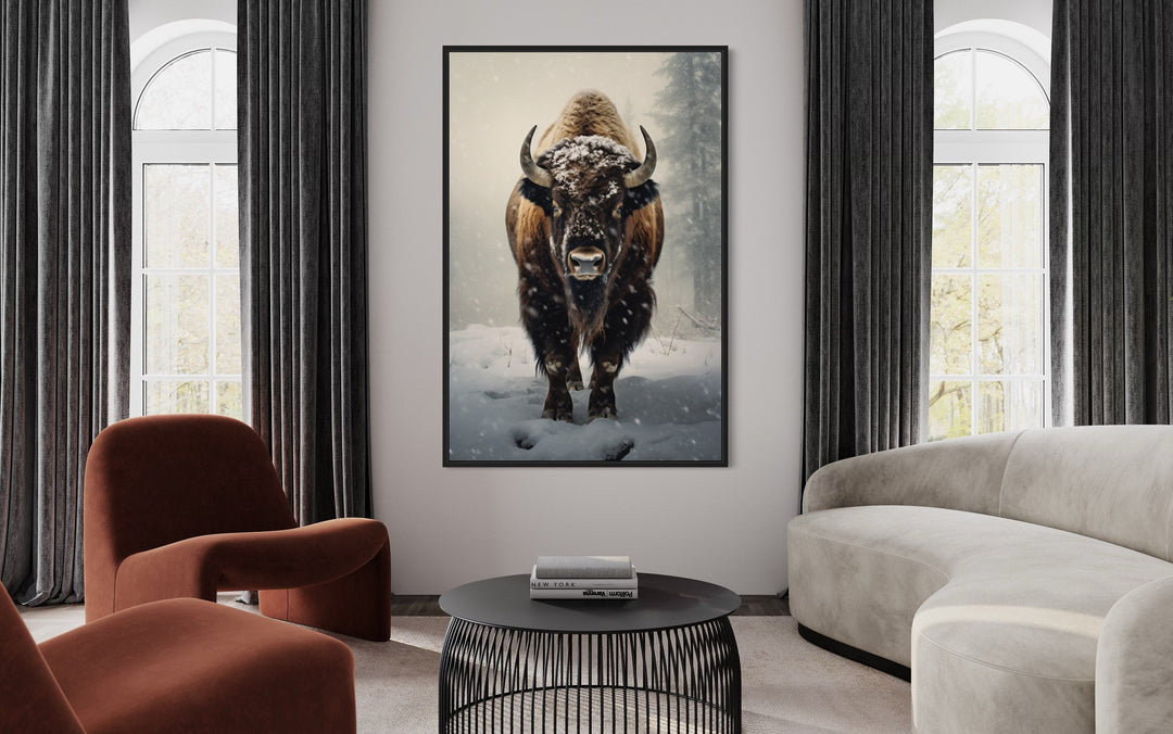 American Buffalo in Snow Framed Canvas Wall Art hanging in a modern living room.