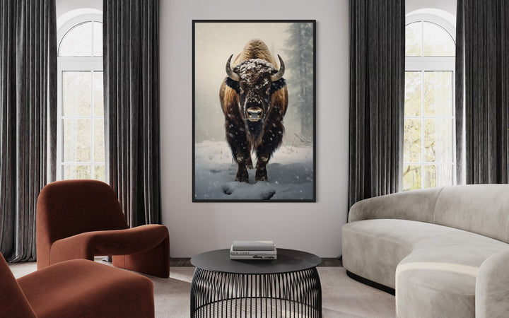 American Buffalo in Snow Framed Canvas Wall Art hanging in a modern living room.