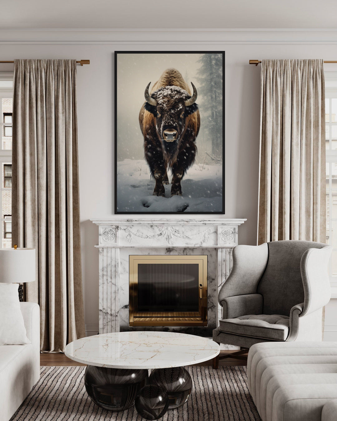 American Buffalo in Snow Framed Canvas Wall Art hanging above a marble fireplace in a living room.