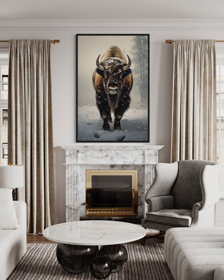 American Buffalo in Snow Framed Canvas Wall Art hanging above a marble fireplace in a living room.