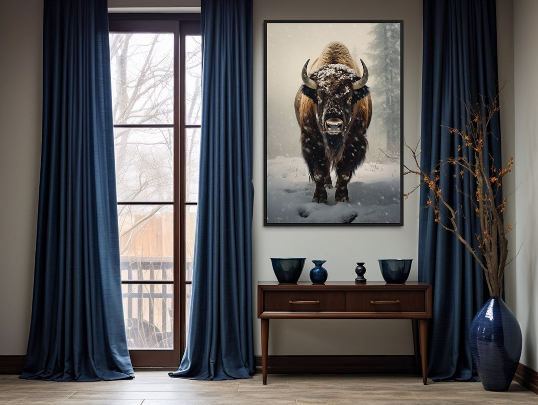 American Buffalo in Snow Framed Canvas Wall Art