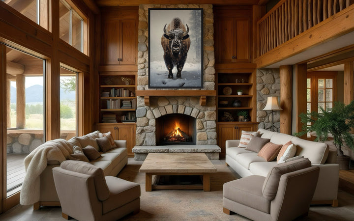 American Buffalo in Snow Framed Canvas Wall Art hanging above a stone fireplace in a rustic room.