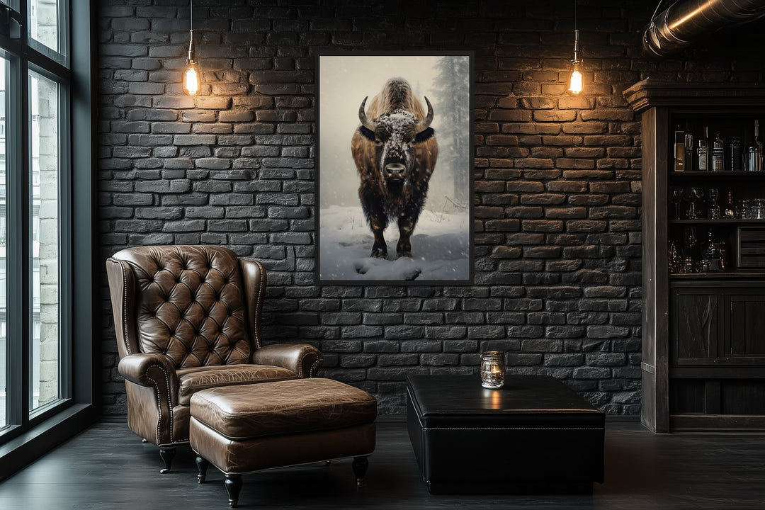 American Buffalo in Snow Framed Canvas Wall Art