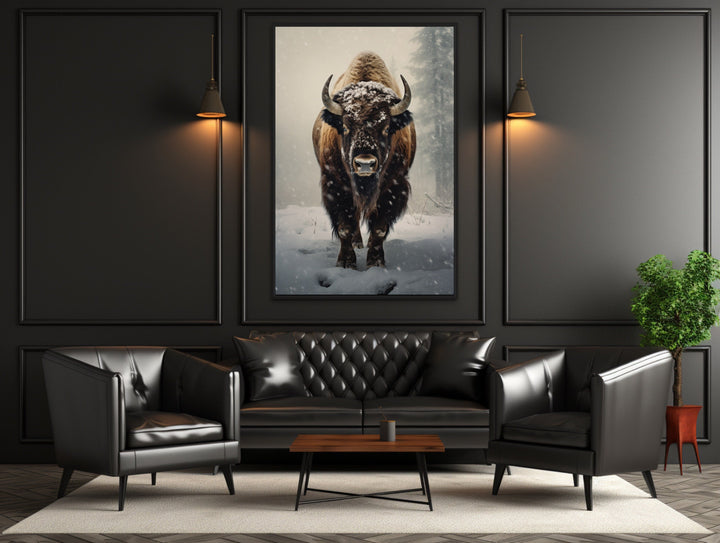 American Buffalo in Snow Framed Canvas Wall Art