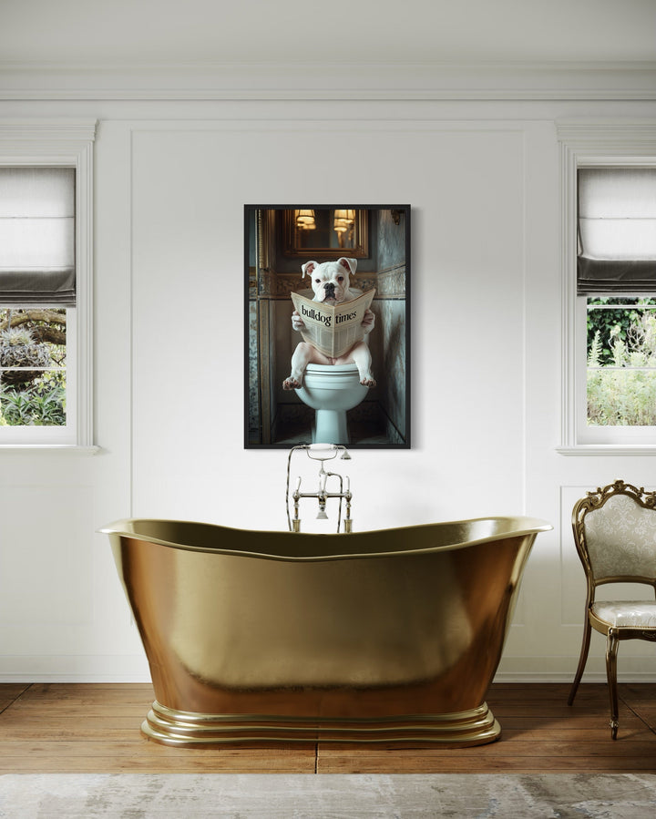 American Bulldog Dog On The Toilet Reading Newspaper Picture