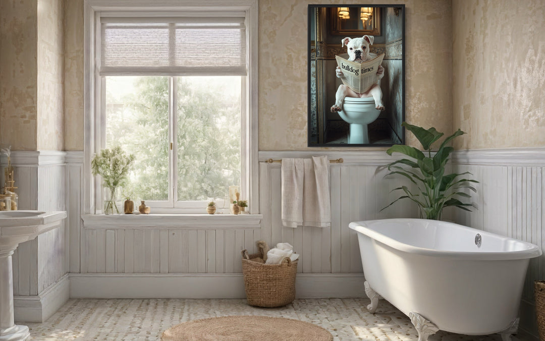 American Bulldog Dog On The Toilet Reading Newspaper Picture